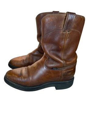 Justin Boots Mens 11D Brown Leather Roper Western Work Boots Made USA Distressed